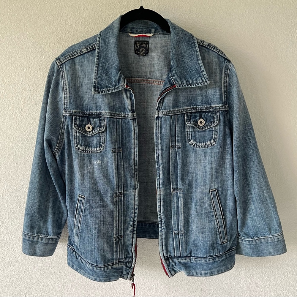 Y2K Lucky Brand Denim Trucker Blue Jean Jacket Blue Faded Zip Size XL - Picture 2 of 14